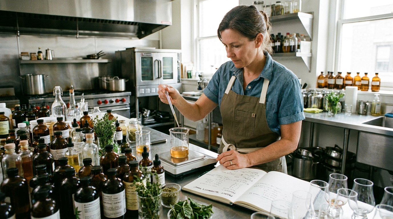 A beverage formulator in a professional development kitchen, carefully measuring and testing ingredients for a new drink formula — real craft, real process.