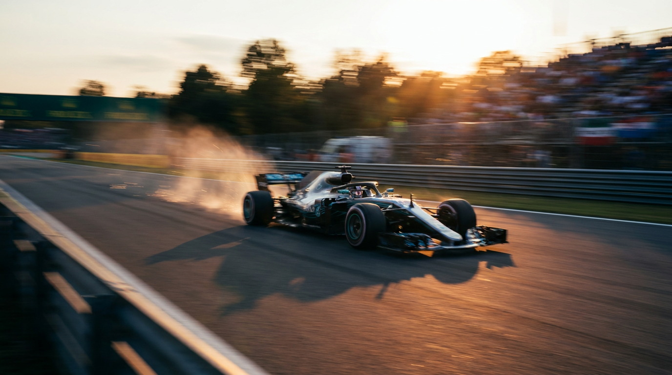 A Formula 1 racing car speeding down a straight, motion-blurred, under dramatic lighting — evoking speed, precision, and the high stakes of getting the formula right.