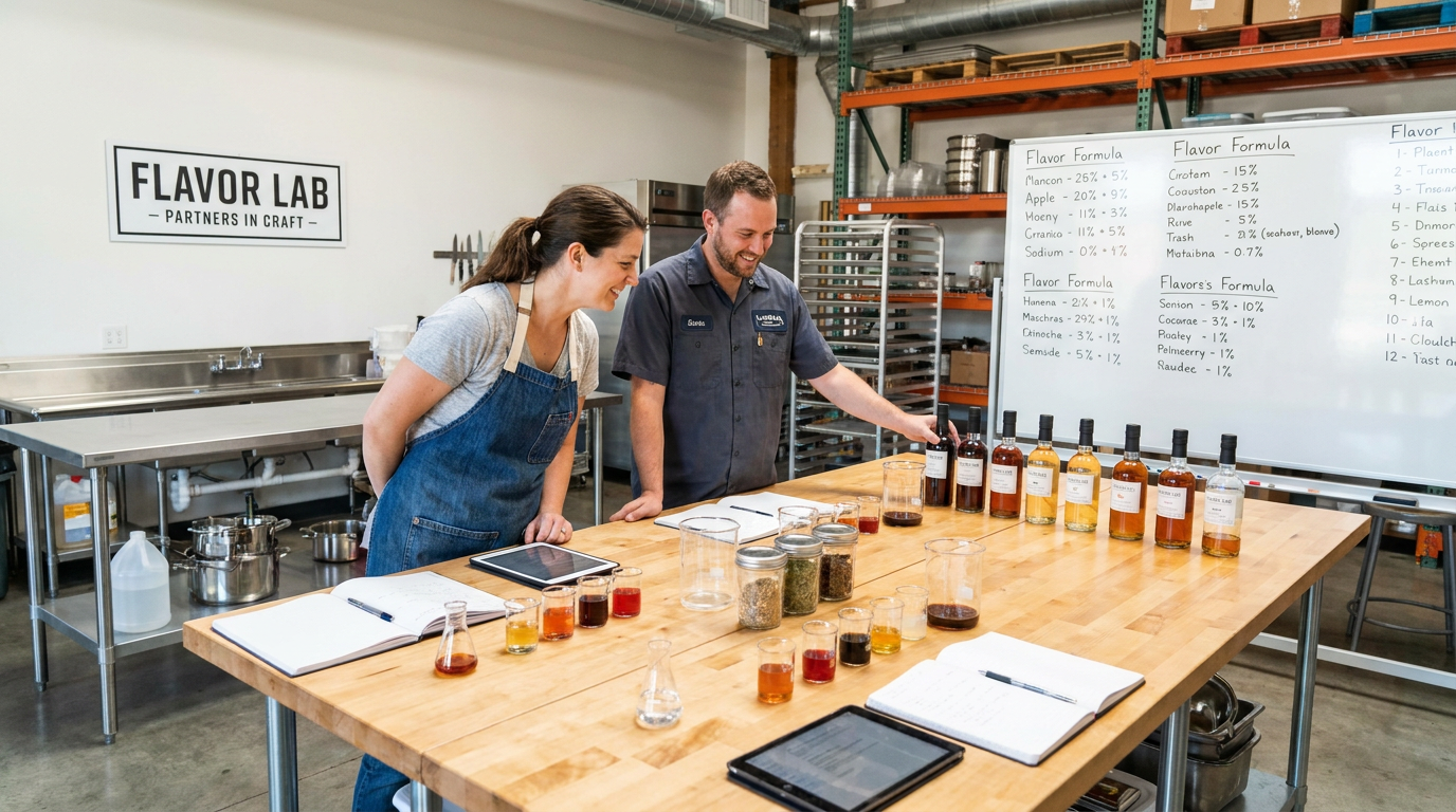 Two beverage development professionals collaborating over samples and notes in a modern studio — a hands-on, partnership-driven process in action.