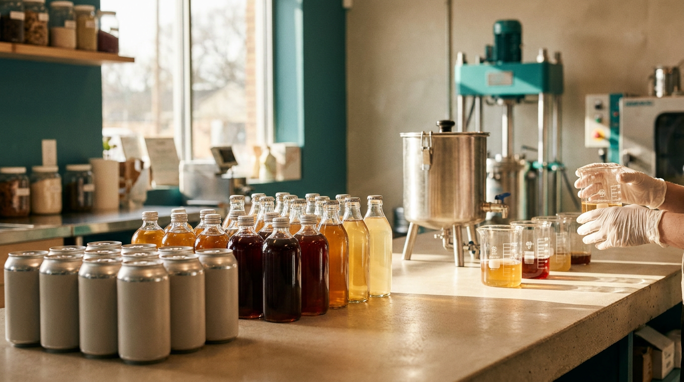 Canned and bottled beverages in a product development facility